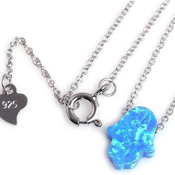 Hamsa Hand Pendant Necklace Sterling Silver Created Fire Opal Adjustable Cable B - Picture 2 of 5